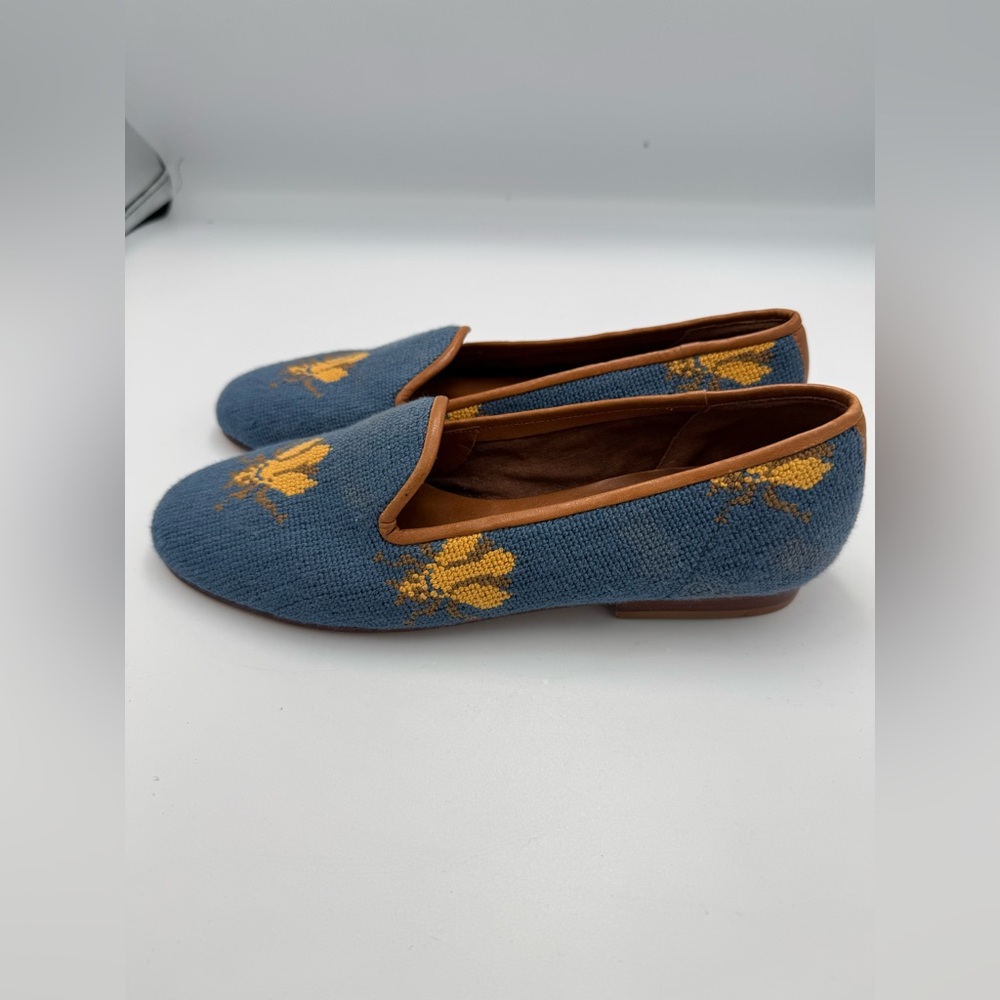 Zalo Blue Floral Needlepoint Loafers with Tan Trim - Picture 5 of 7